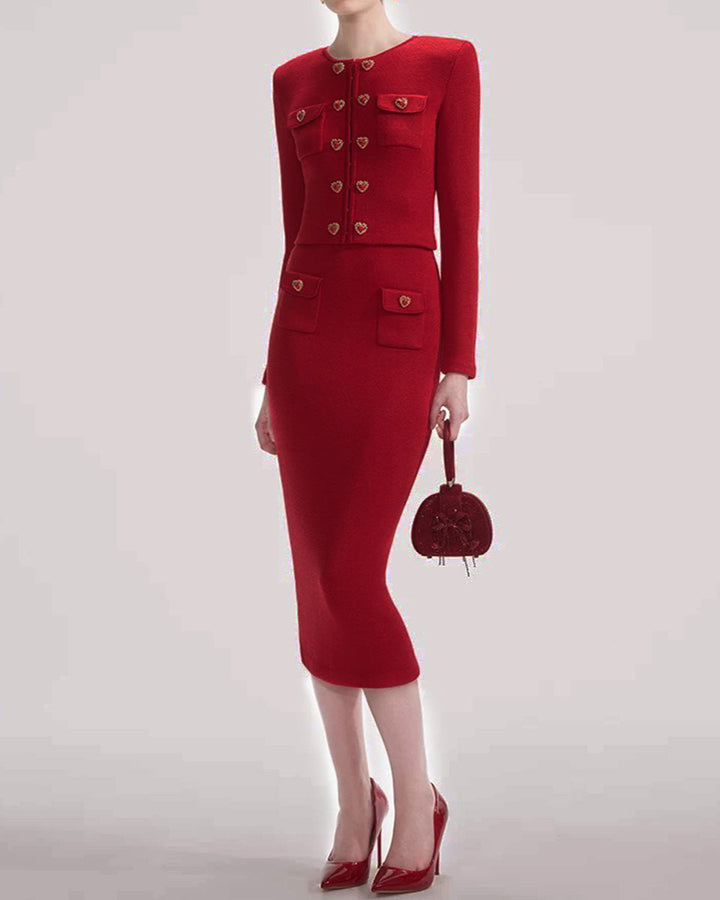 two-piece knit set with heart-shaped button accents – AMELIEV