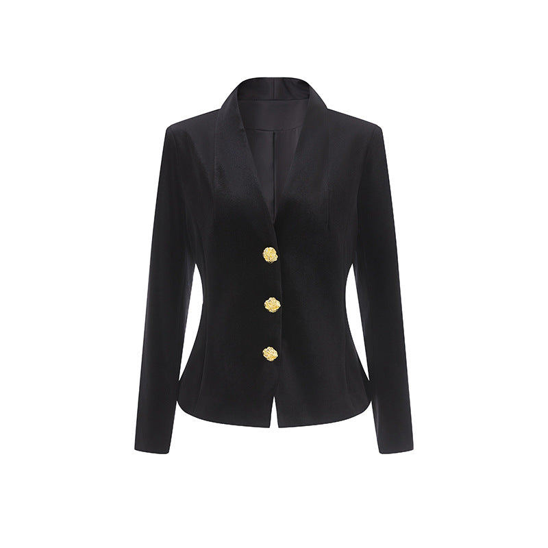 Tailored velvet blazer with gold statement buttons – OBSIDIAN