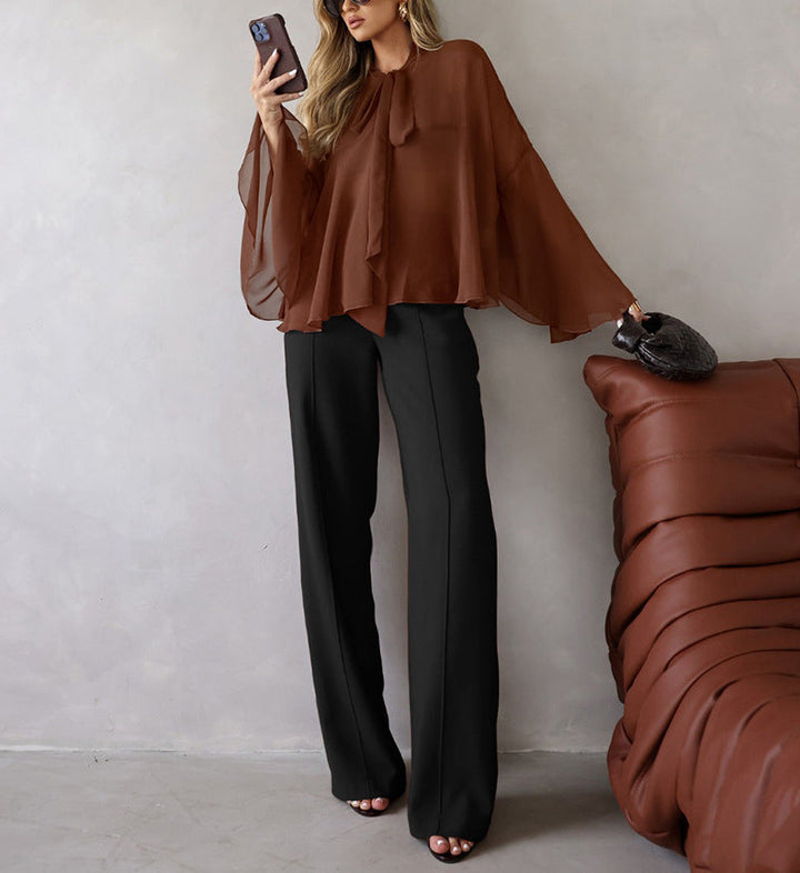 chiffon cape-sleeve blouse with tie neckline – MARVELA