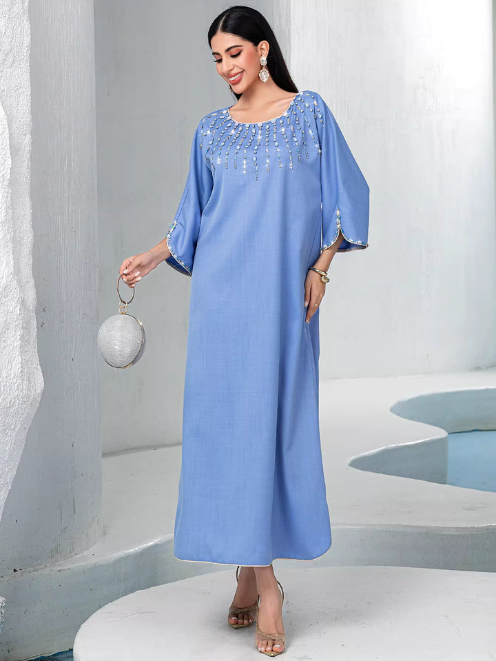 embellished straight-cut maxi dress with flared sleeves – AZURE