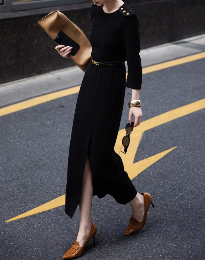 elegant shoulder-button column dress with front slit – NOIR