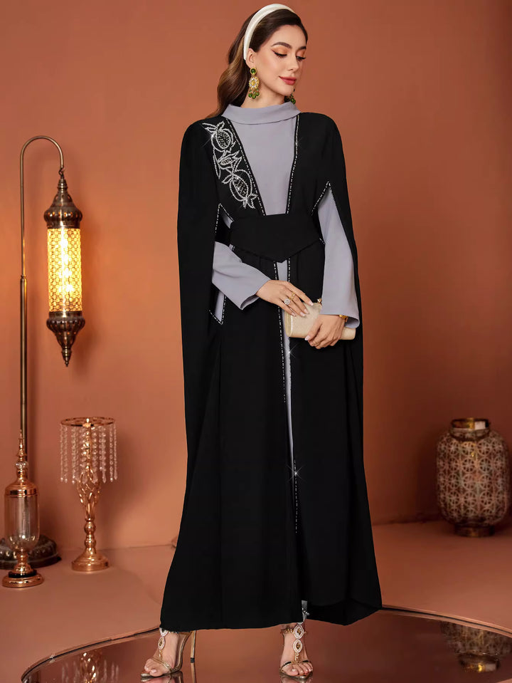 Embroidered Open Abaya with Inner Dress and Waist Belt – NOURA