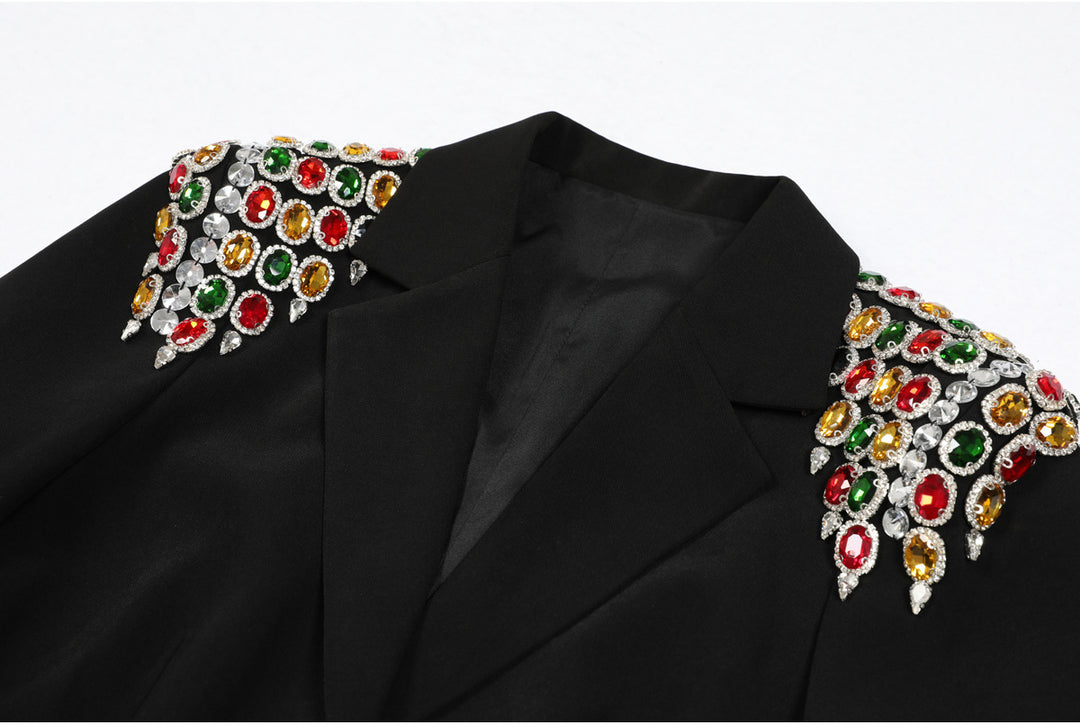 tailored blazer with multicolor jeweled cuffs and shoulders - RUBINAXA