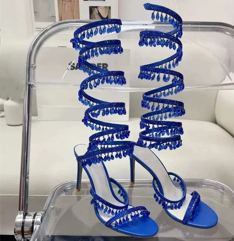 crystal-embellished spiral heel sandals – AZURE