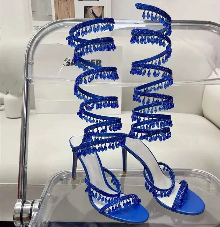 crystal-embellished spiral heel sandals – AZURE