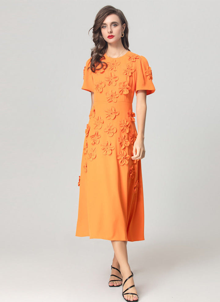 short-sleeve midi dress with 3D floral appliqués - BLOOMIQ