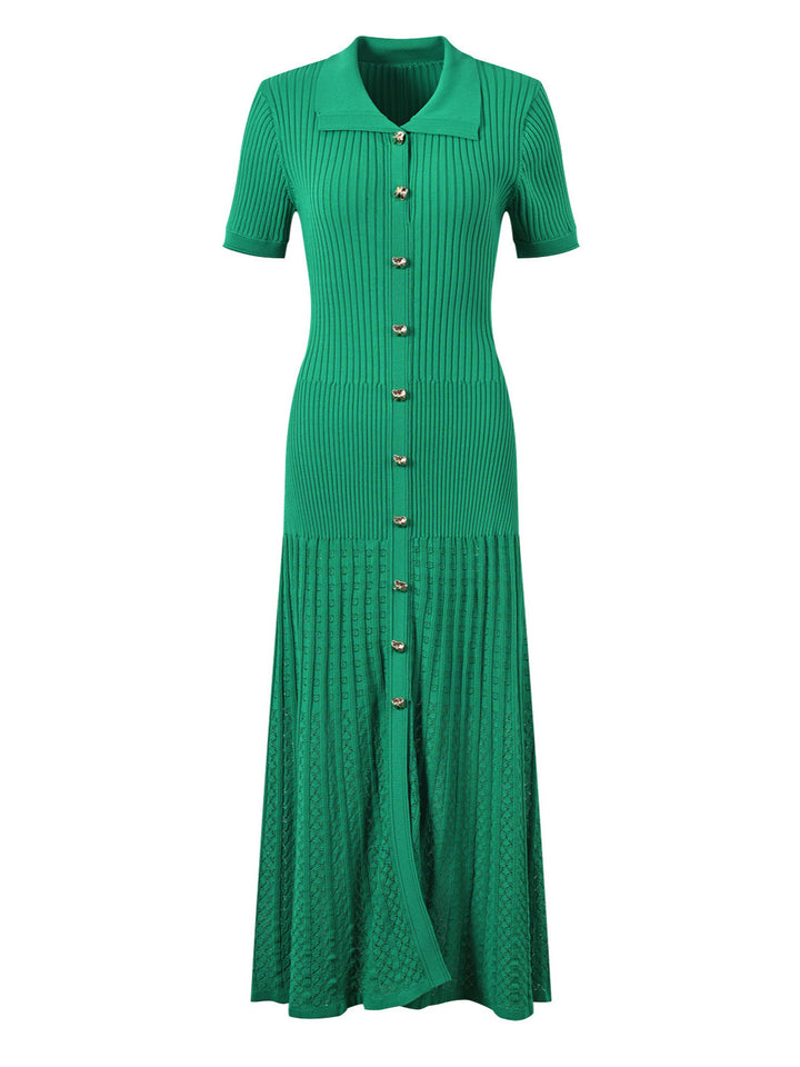 فستان ماكسي محبوك مضلع مع تفاصيل أزرار ذهبية - كيلينيت