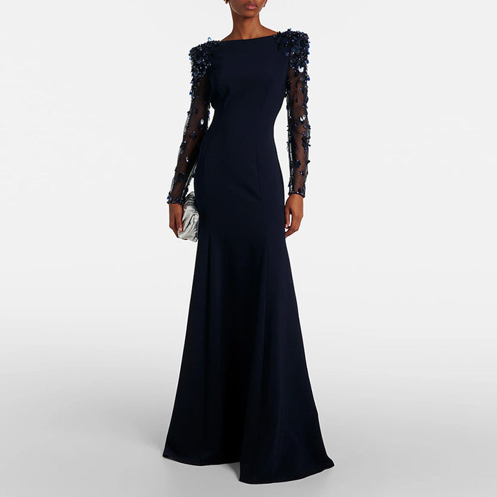 long column dress with embellished sheer sleeves - AUROXIA