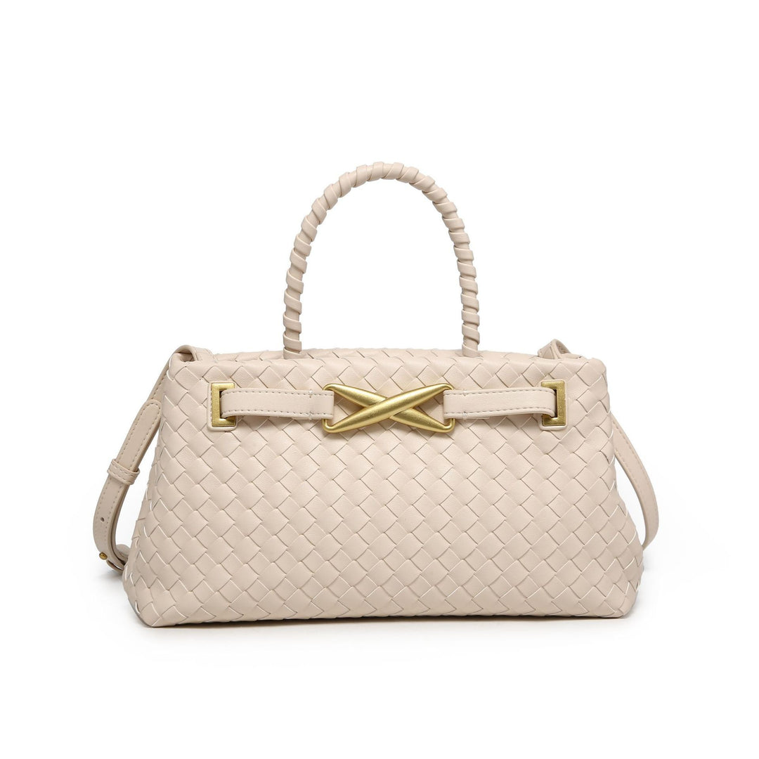 woven leather top-handle bag with gold X detail – AUREGIP