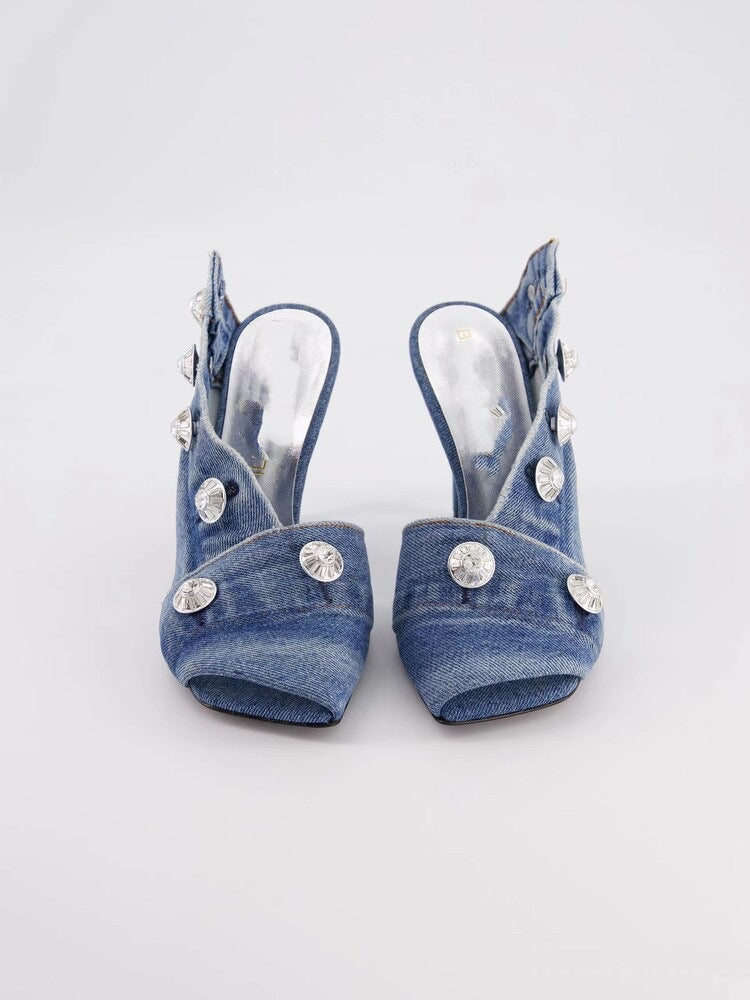 denim slingback heels with crystal buttons – VIVIEN