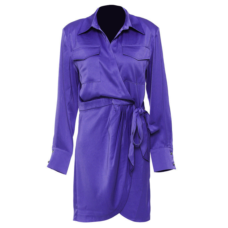 satin wrap shirt dress with utility pockets – IRIS