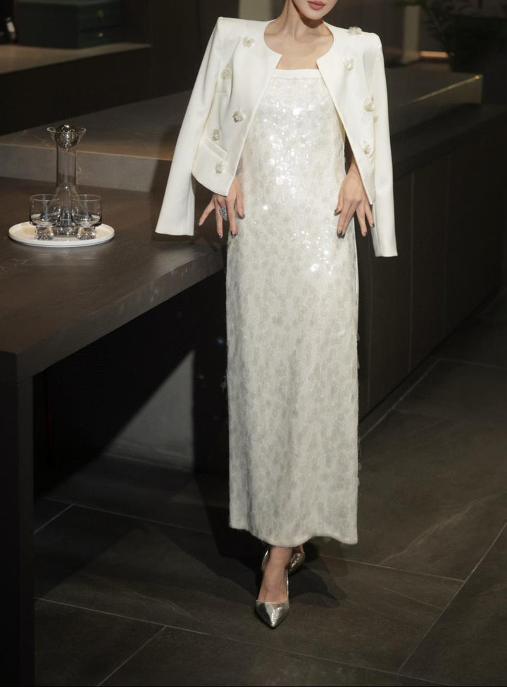 فستان عمودي بدون أكمام مزين بالترتر مع سترة قصيرة مزينة – أورورا