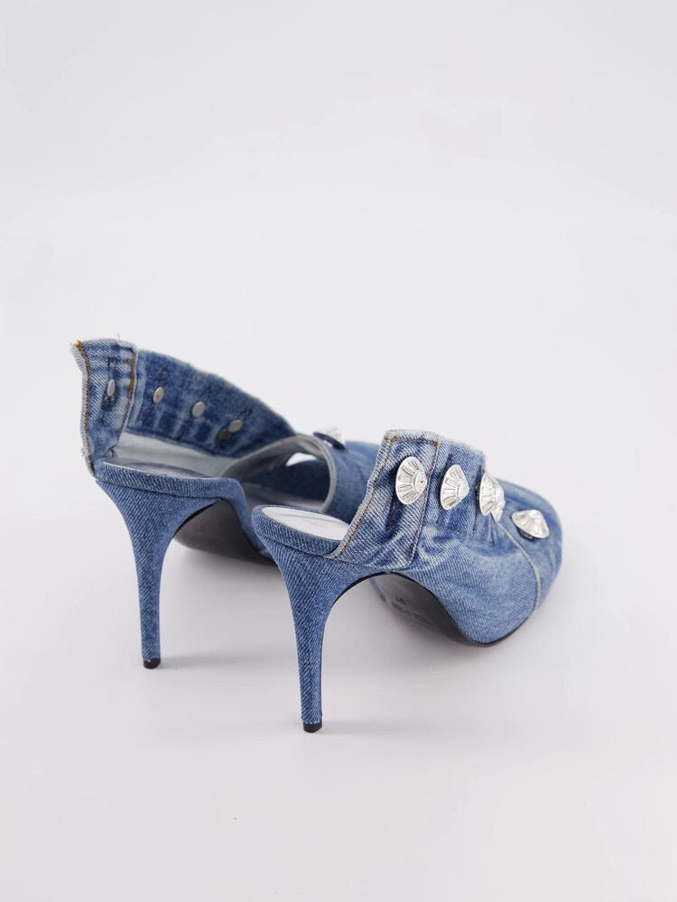 denim slingback heels with crystal buttons – VIVIEN