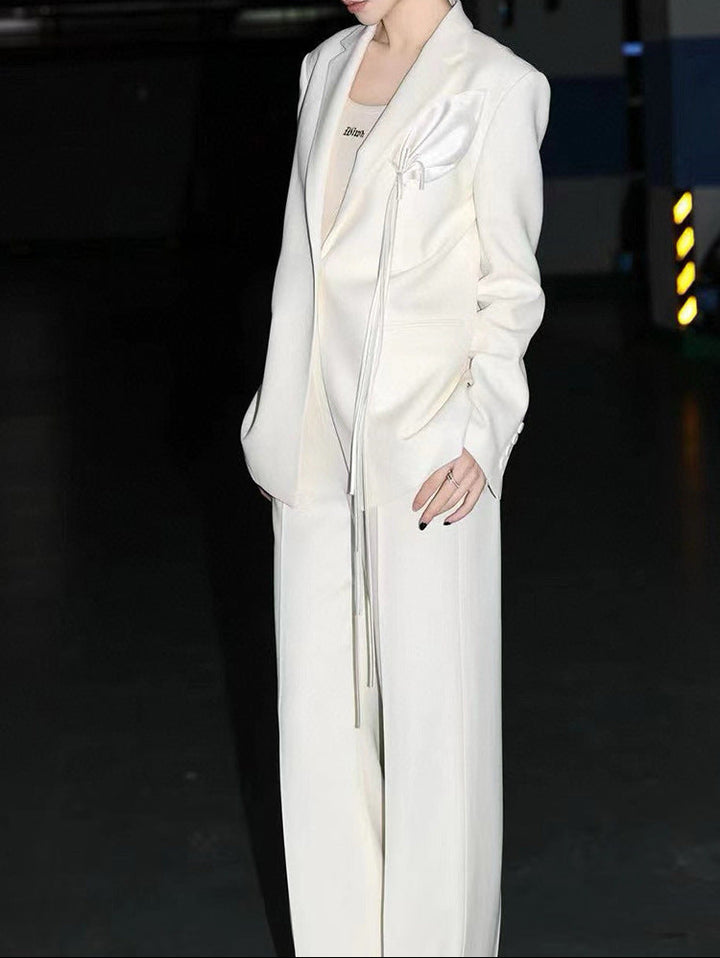 draped satin-detail blazer with wide-leg trousers – LUMIERA