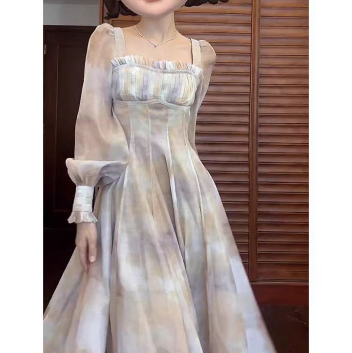 Corset-style midi dress with ruffled neckline and puff sleeves – LUMERA