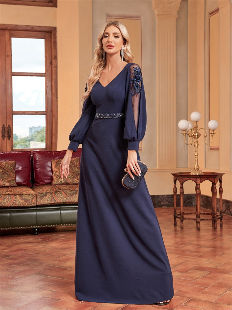 chiffon-sleeve evening gown with beaded waist – MIDNIGHT POISE