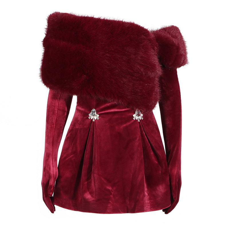 off-shoulder faux-fur velvet mini dress – VELORA