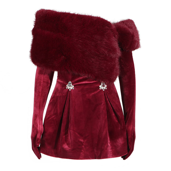 off-shoulder faux-fur velvet mini dress – VELORA