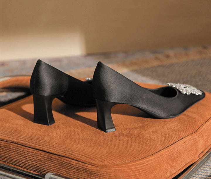 square-toe block heels with crystal buckle – AURORZAM