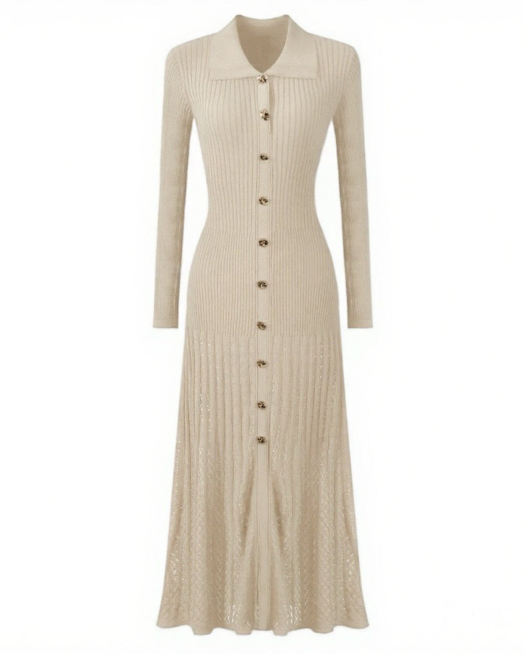 فستان ماكسي محبوك مضلع مع تفاصيل أزرار ذهبية - كيلينيت