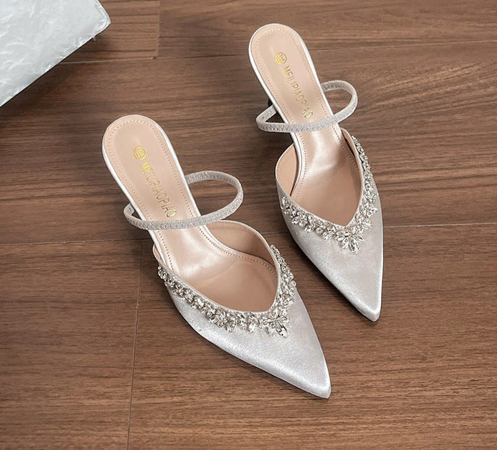 Satin pointed-toe mule with crystal strap - VERANA