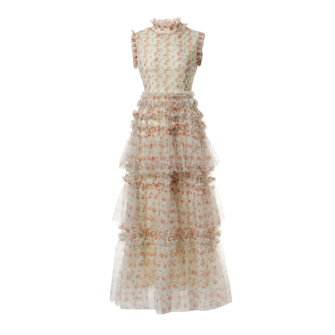 فستان تول مزهر بدون أكمام مع كشكشة متعددة الطبقات – أوريليا