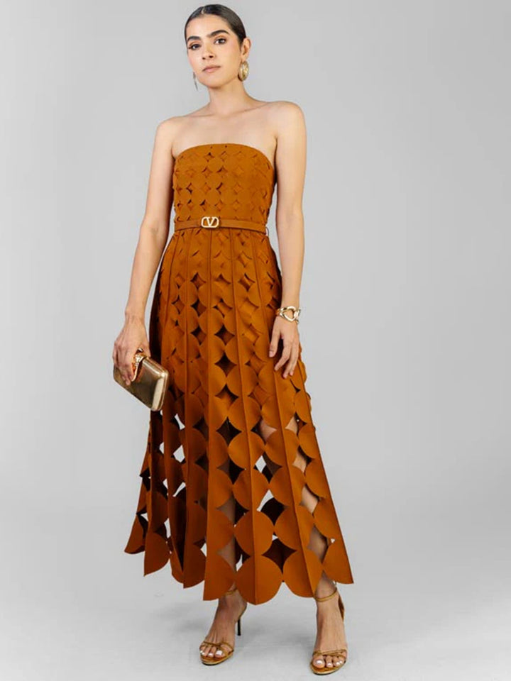 Plissiertes Oberteil mit ausgestellten Ärmeln und Maxirock-Set mit Taillengürtel – Rosiny 