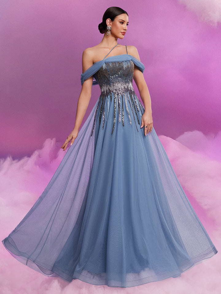 فستان تول مكشوف الكتفين مع صدّة من الترتر – سكاي ميوز