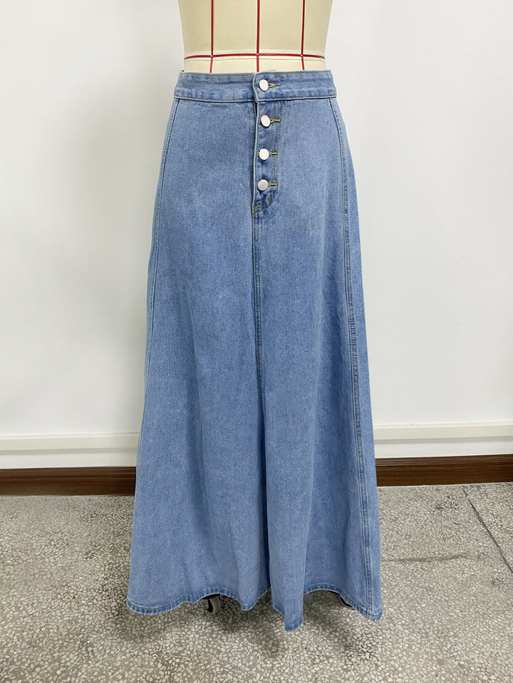 high-waist flared denim maxi skirt with front buttons – MAYA