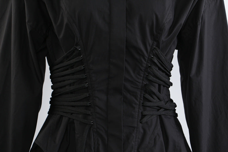 Corset-waist shirt dress with curved hem – BLANC