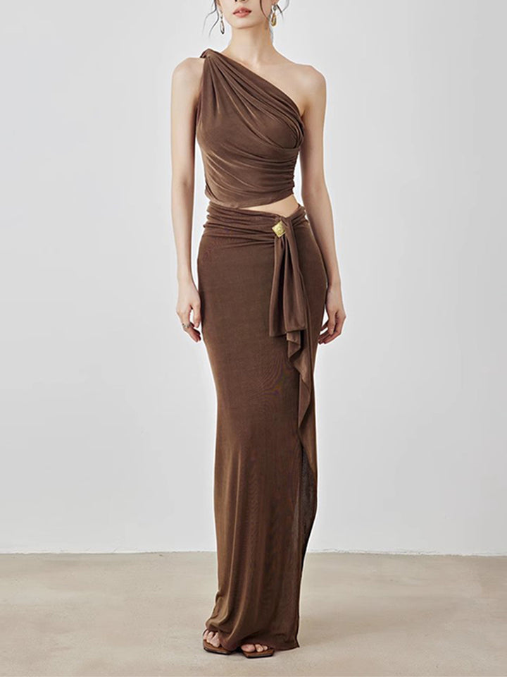 Plissiertes Oberteil mit ausgestellten Ärmeln und Maxirock-Set mit Taillengürtel – Rosiny 