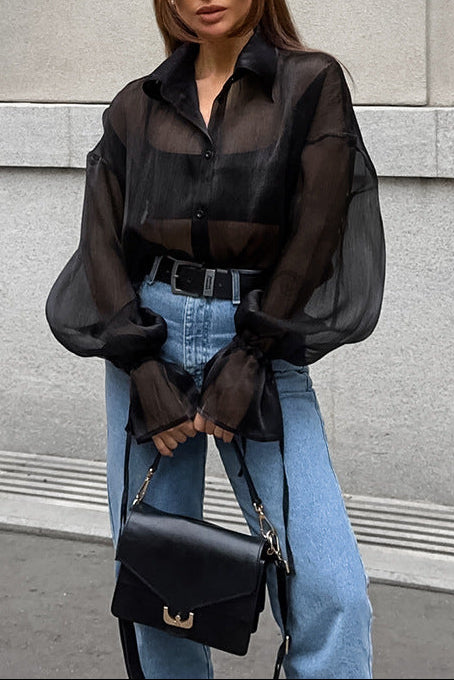 Sheer Chiffon Button-Up Blouse – TAREK