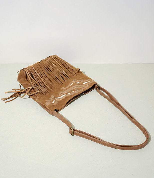 fringed suede shoulder bag with boho details - ZARAXWI