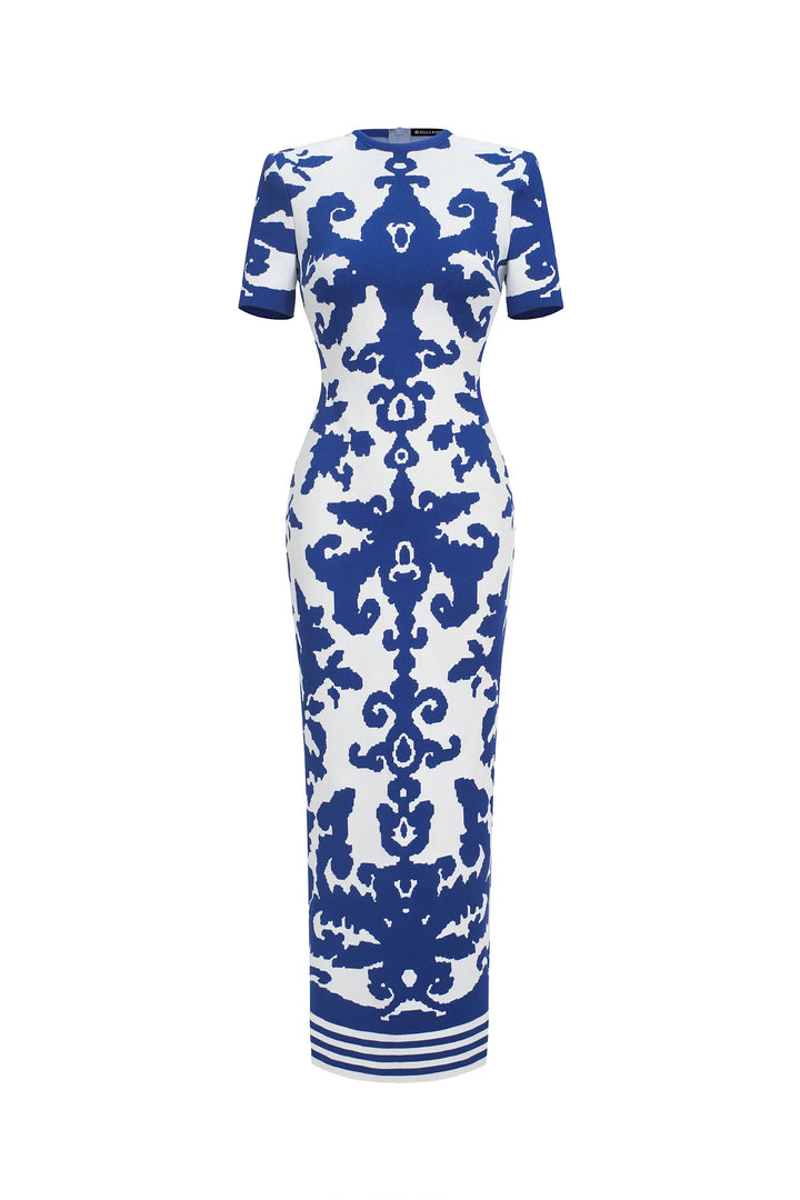 Short-Sleeve Bodycon Maxi Dress with Ornate Print – AZURE