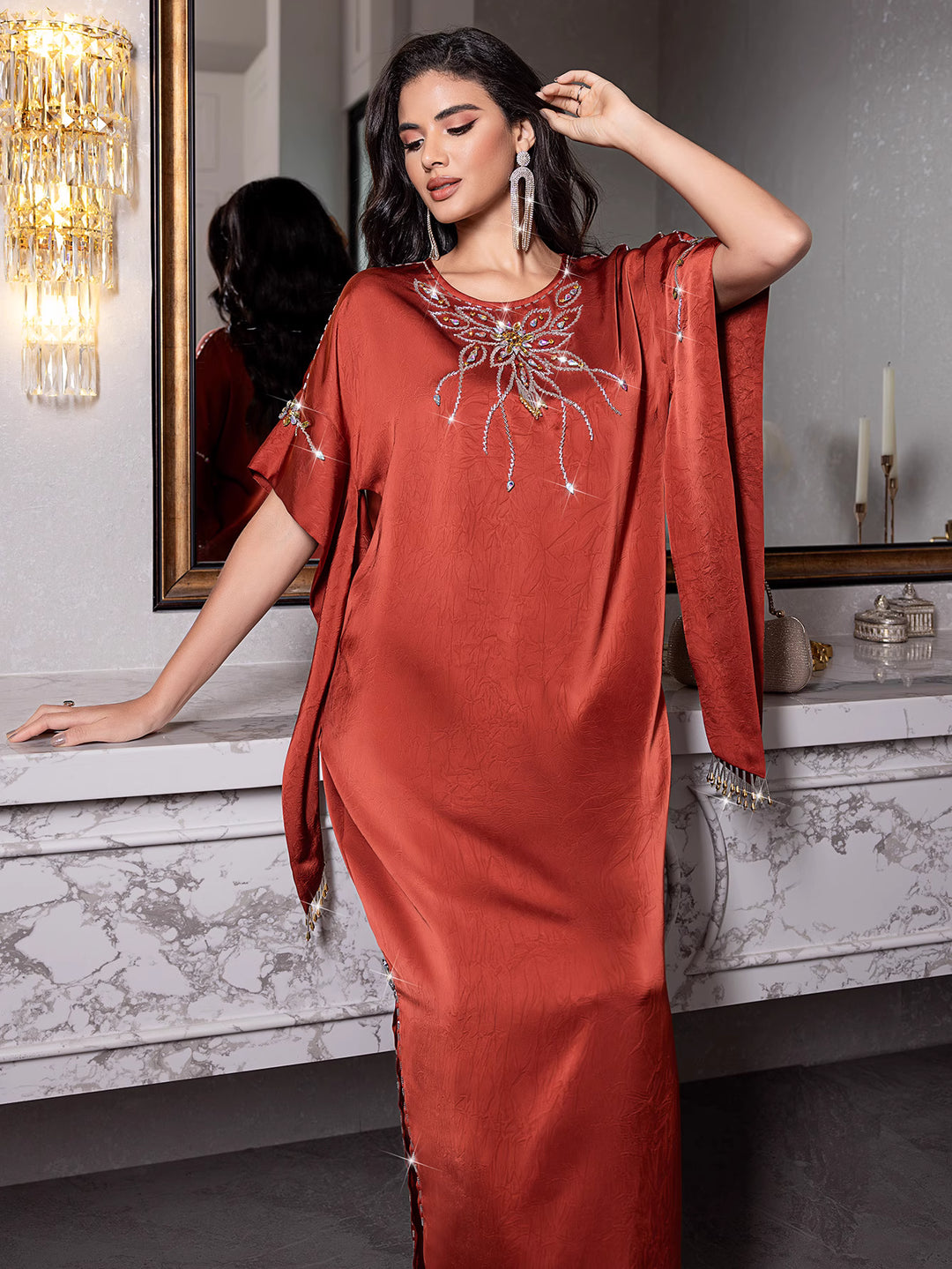 short-sleeve satin dress with embellished neckline - ZARAZLU