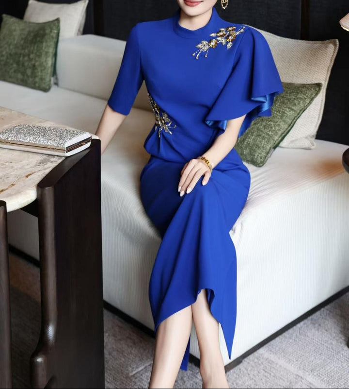 asymmetric sleeve gown with gold floral embellishments – RIVERA