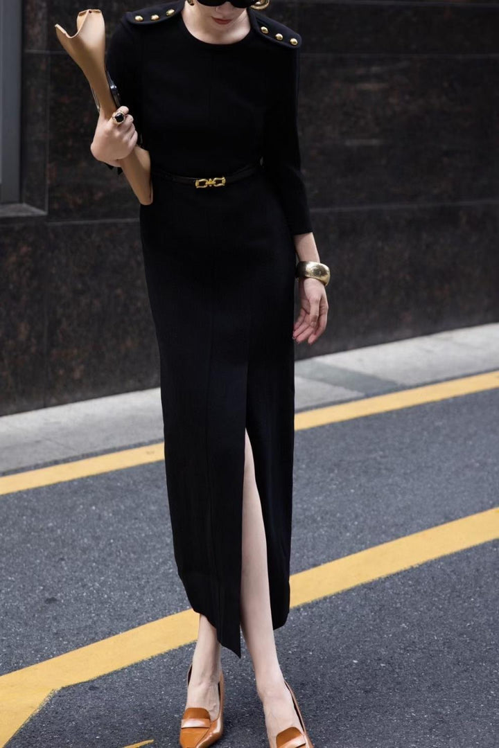 elegant shoulder-button column dress with front slit – NOIR