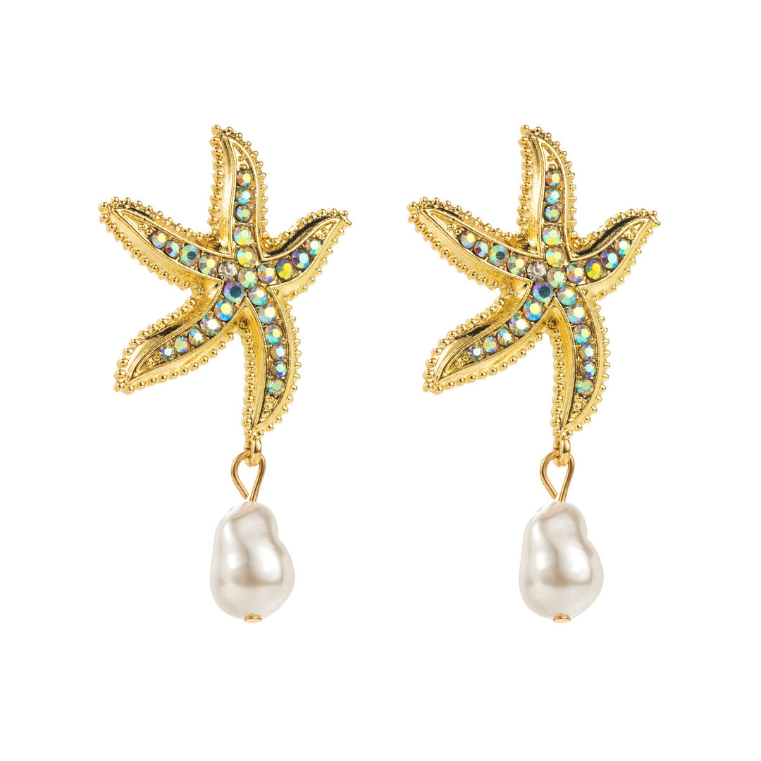 crystal starfish earrings with drop pearl charm - CORALIADU