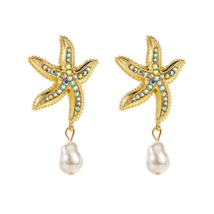 crystal starfish earrings with drop pearl charm - CORALIADU