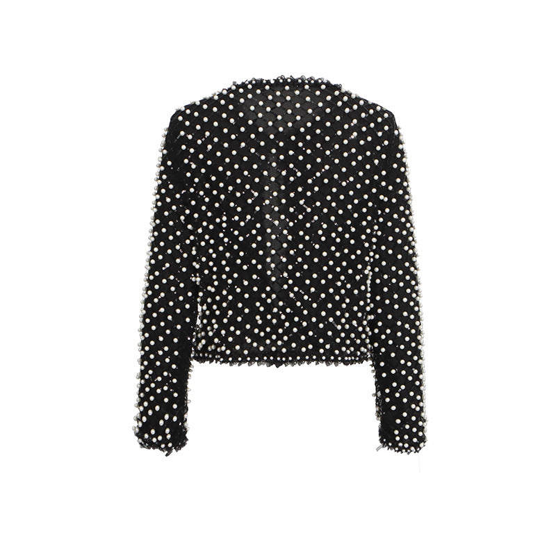 cropped black jacket with pearl stud embellishment – PEARLÉ