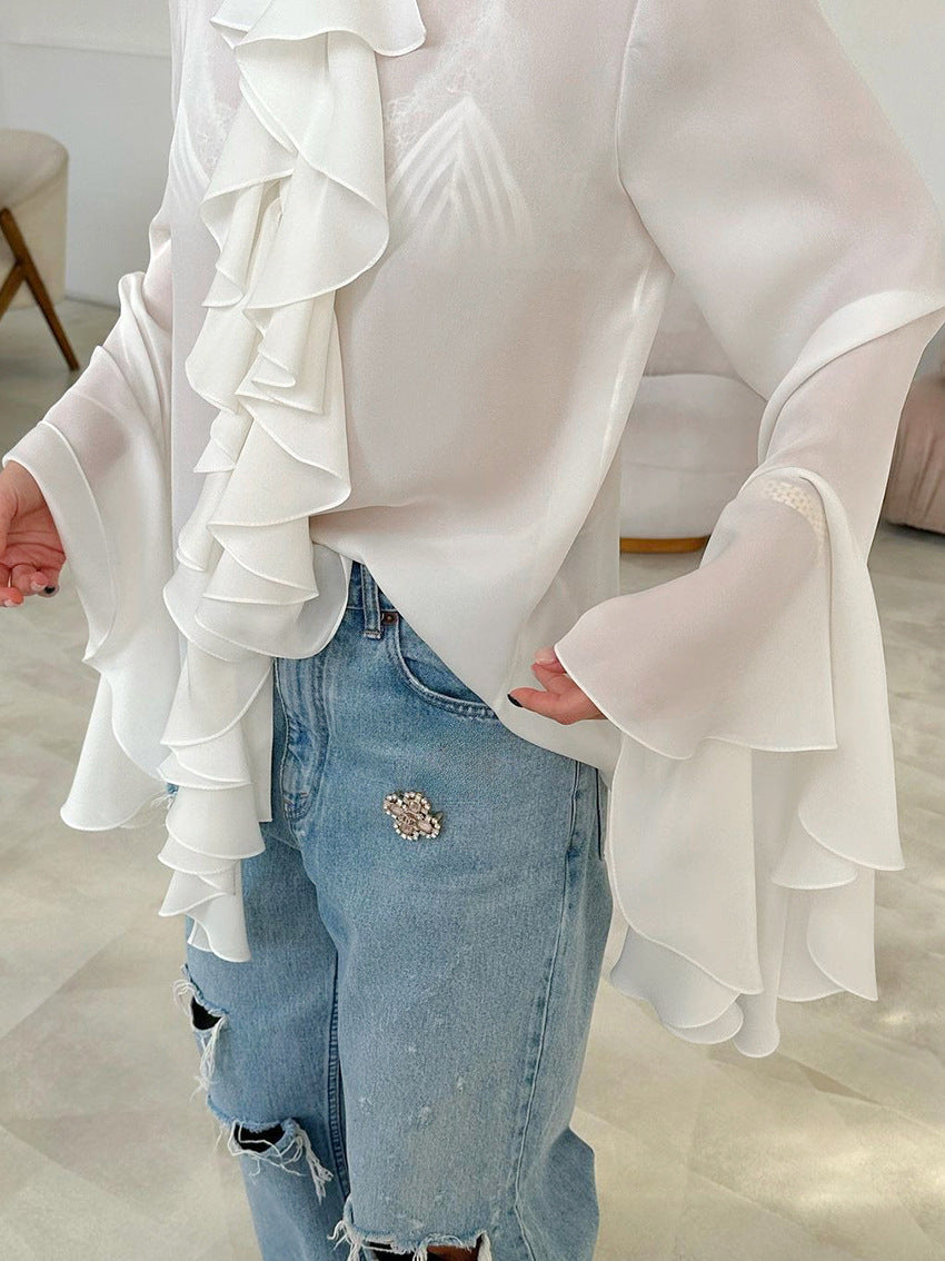 ruffled chiffon blouse with flared sleeves – OPHELIA