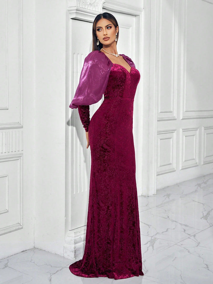 velvet floral gown with puff satin sleeves – AMARALI