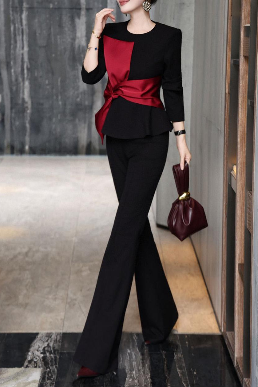 black peplum top with white twist accent & flared pants – AURORA