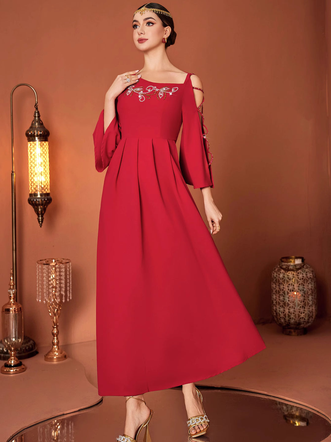 flare-sleeve A-line dress with embellished neckline - RUBINA