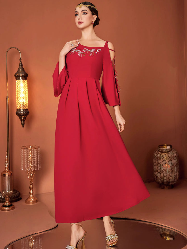 flare-sleeve A-line dress with embellished neckline - RUBINA