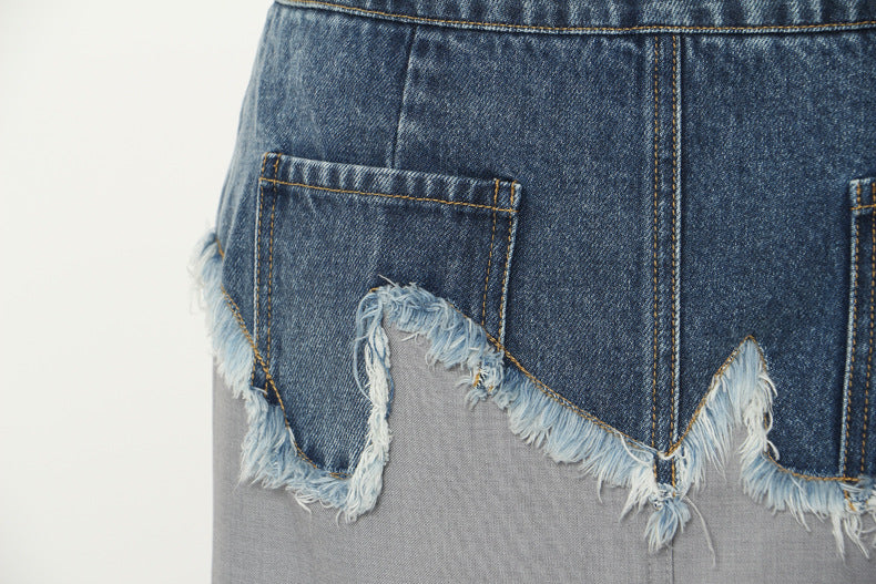 High-waist midi skirt with denim panel and raw-edge detail – DENYRA