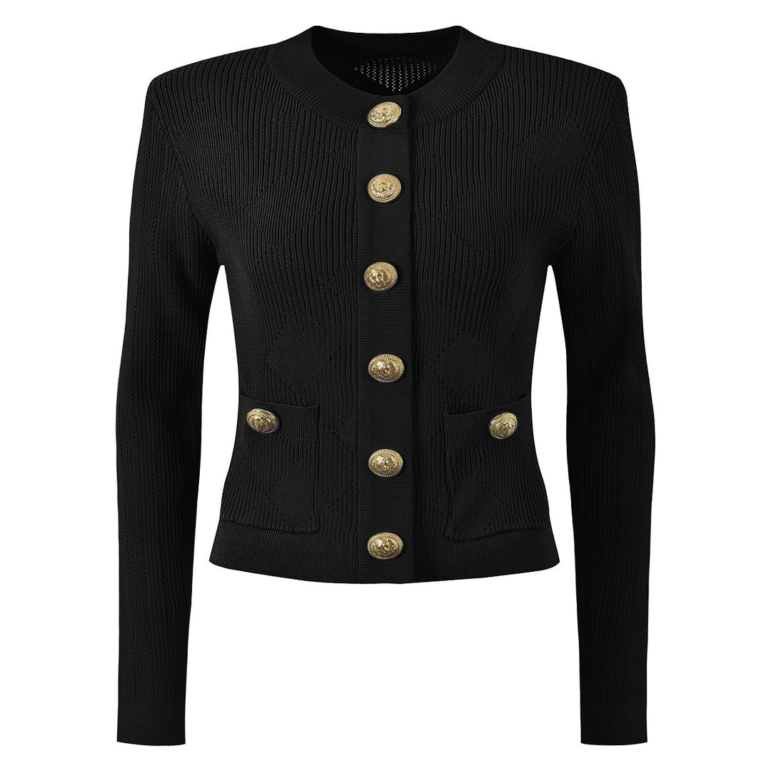 three-piece knit set with gold button detailing – ATHENAZI