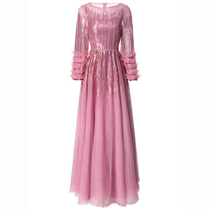 sequin tulle gown with feathered sleeves - CELESVE