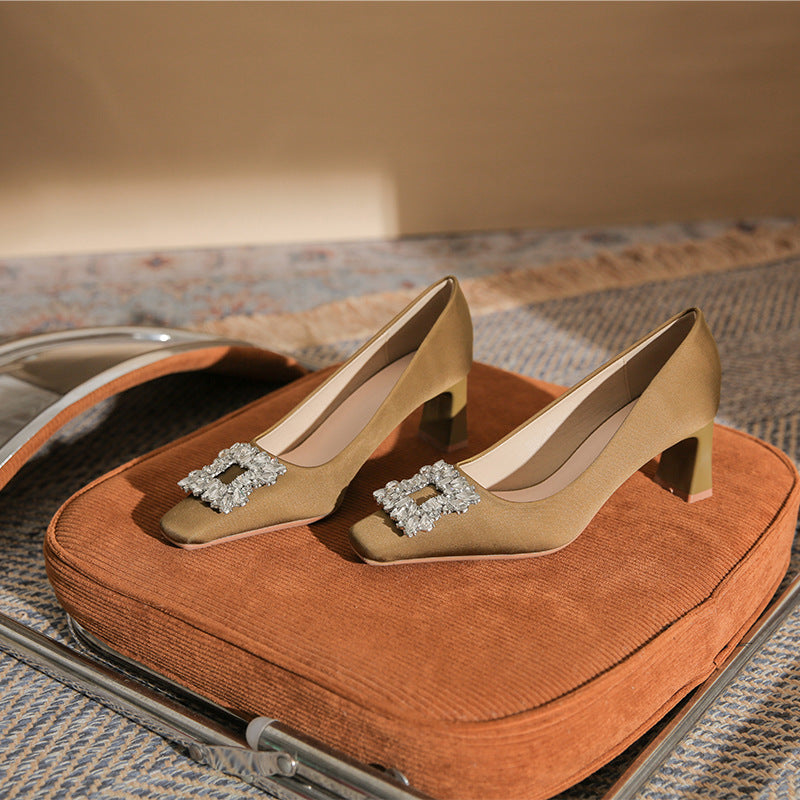 square-toe block heels with crystal buckle – AURORZAM