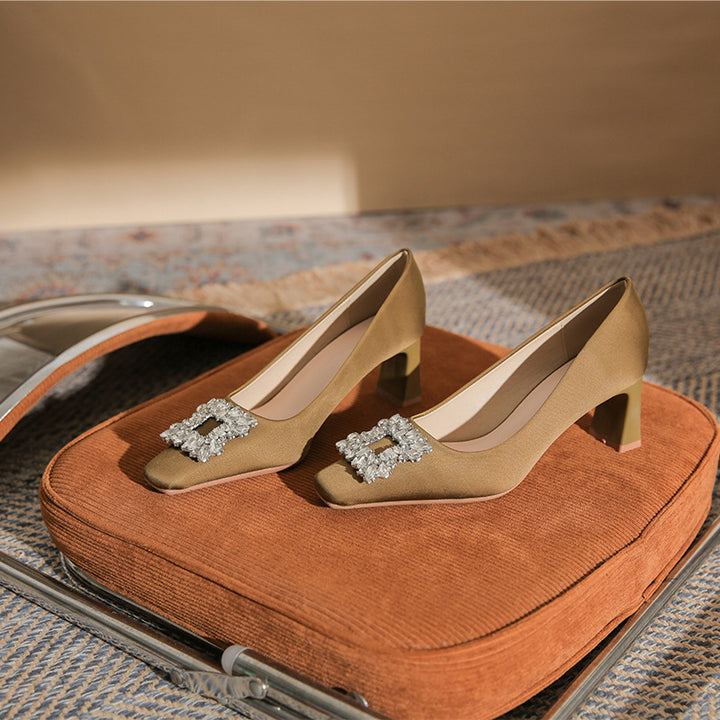 square-toe block heels with crystal buckle – AURORZAM